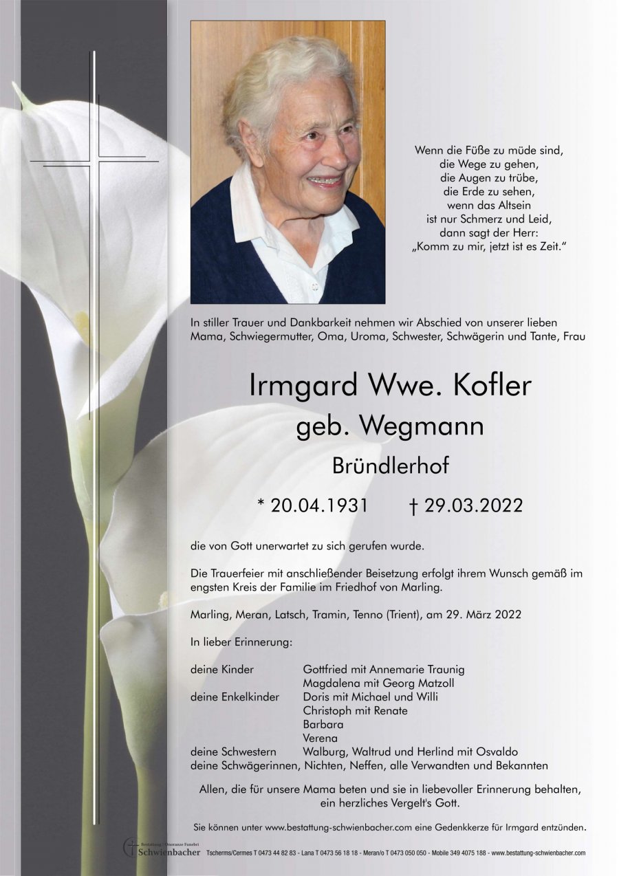 Parte: Irmgard Wwe. Kofler geb. Wegmann