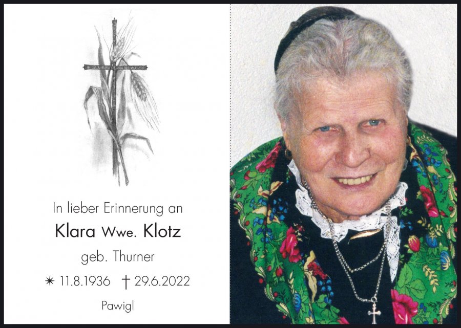 Sterbebild: Klara Wwe. Klotz geb. Thurner