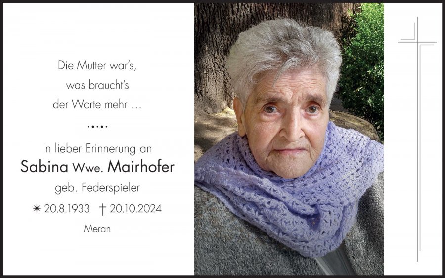 Sterbebild: Sabina Wwe. Mairhofer geb. Federspieler