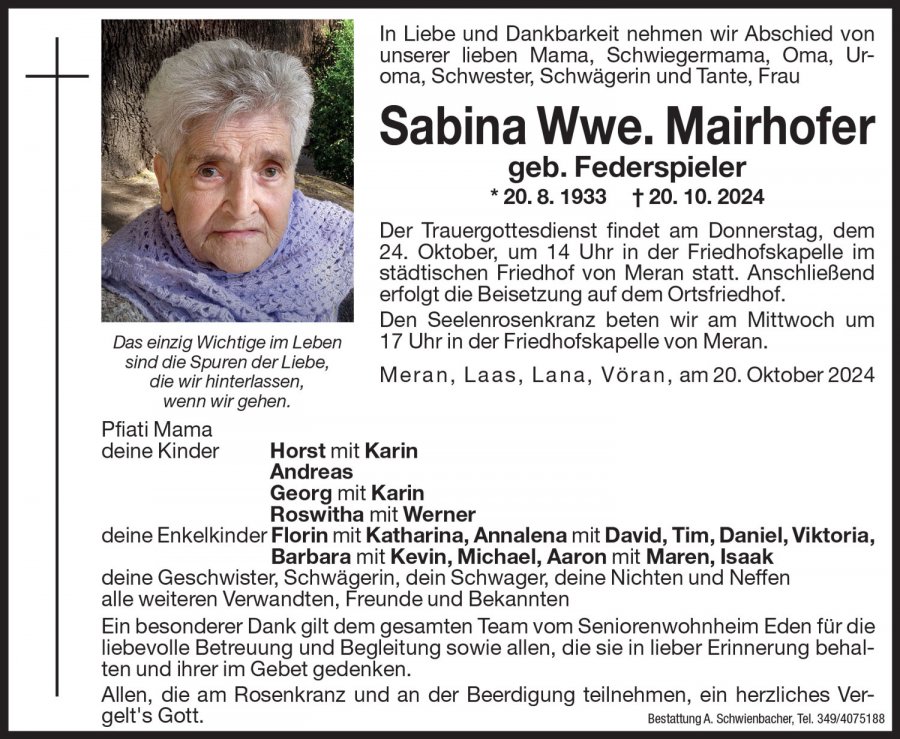 Medien: Sabina Wwe. Mairhofer geb. Federspieler