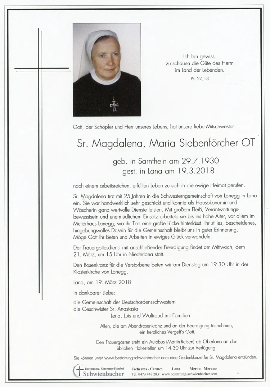 Parte: Sr. Magdalena, Maria Siebenförcher OT
