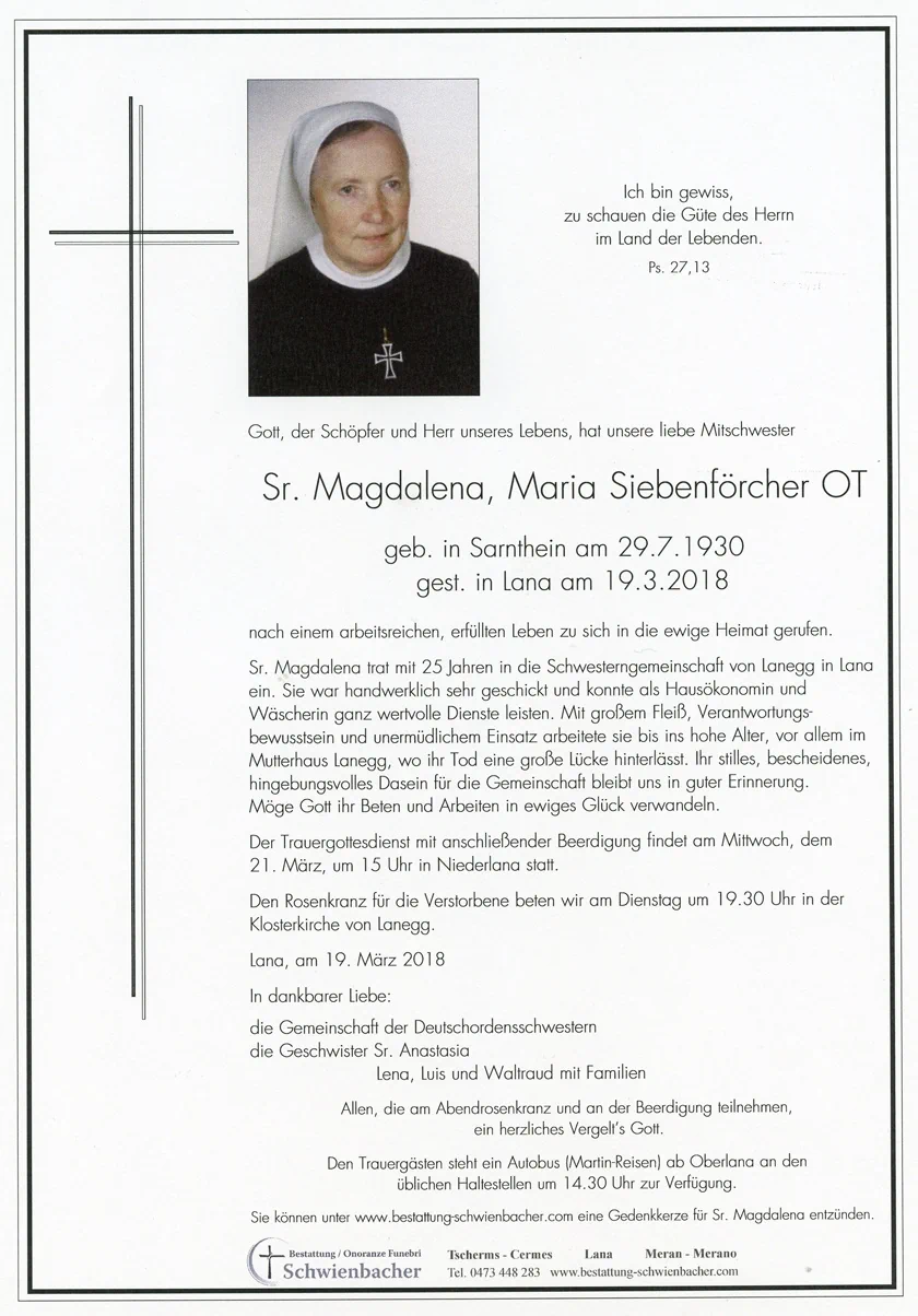 Parte: Sr. Magdalena, Maria Siebenförcher OT 