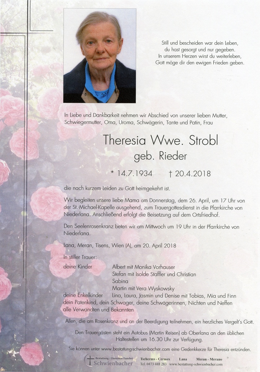 Parte: Theresia Wwe. Strobl geb. Rieder 