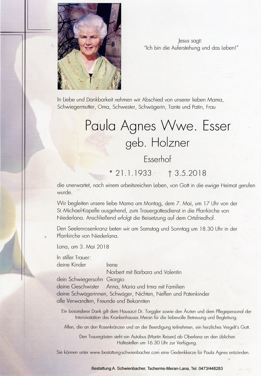 Parte: Paula Agnes Wwe. Esser geb. Holzner 