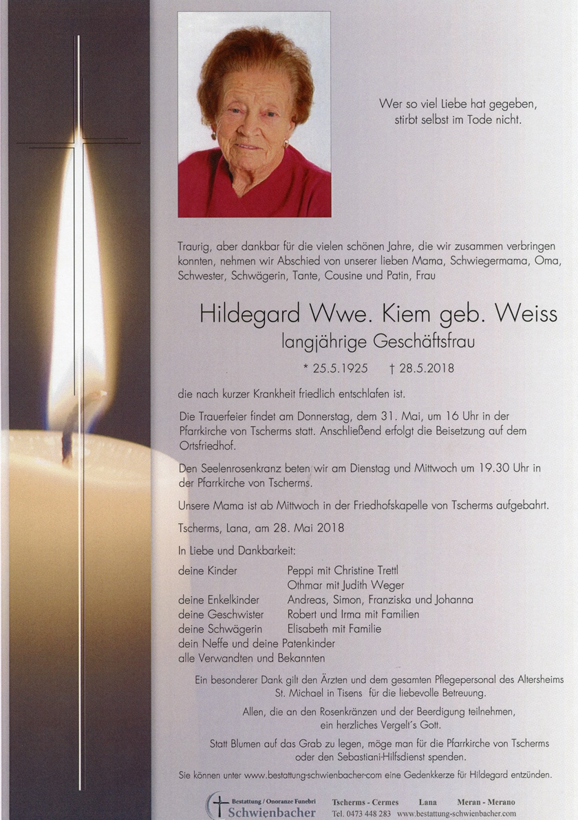 Parte: Hildegard Wwe. Kiem geb. Weiss 