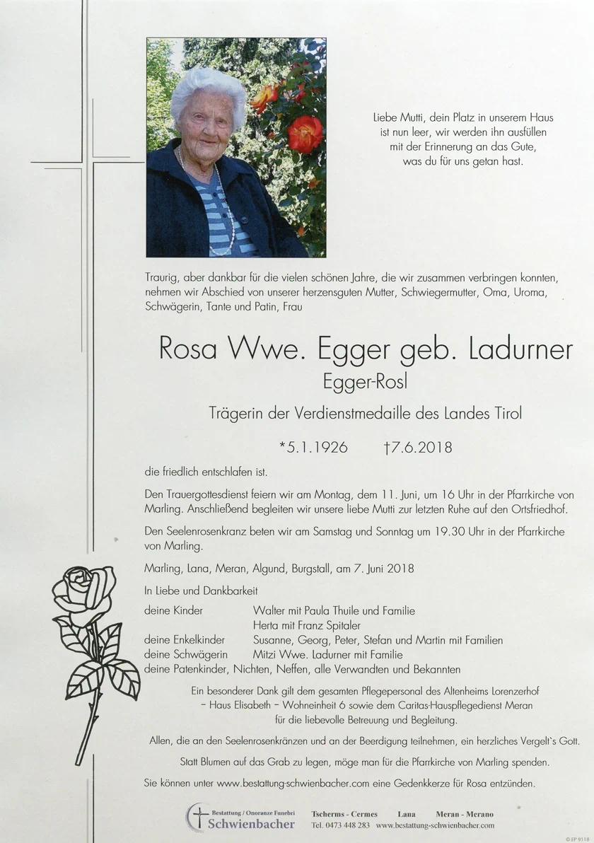 Parte: Rosa Wwe. Egger geb. Ladurner 