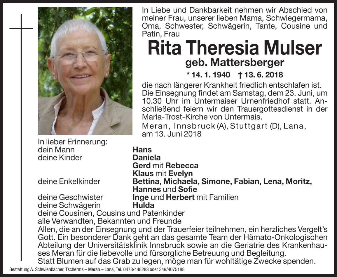 Medien: Rita Theresia Mulser geb. Mattersberger