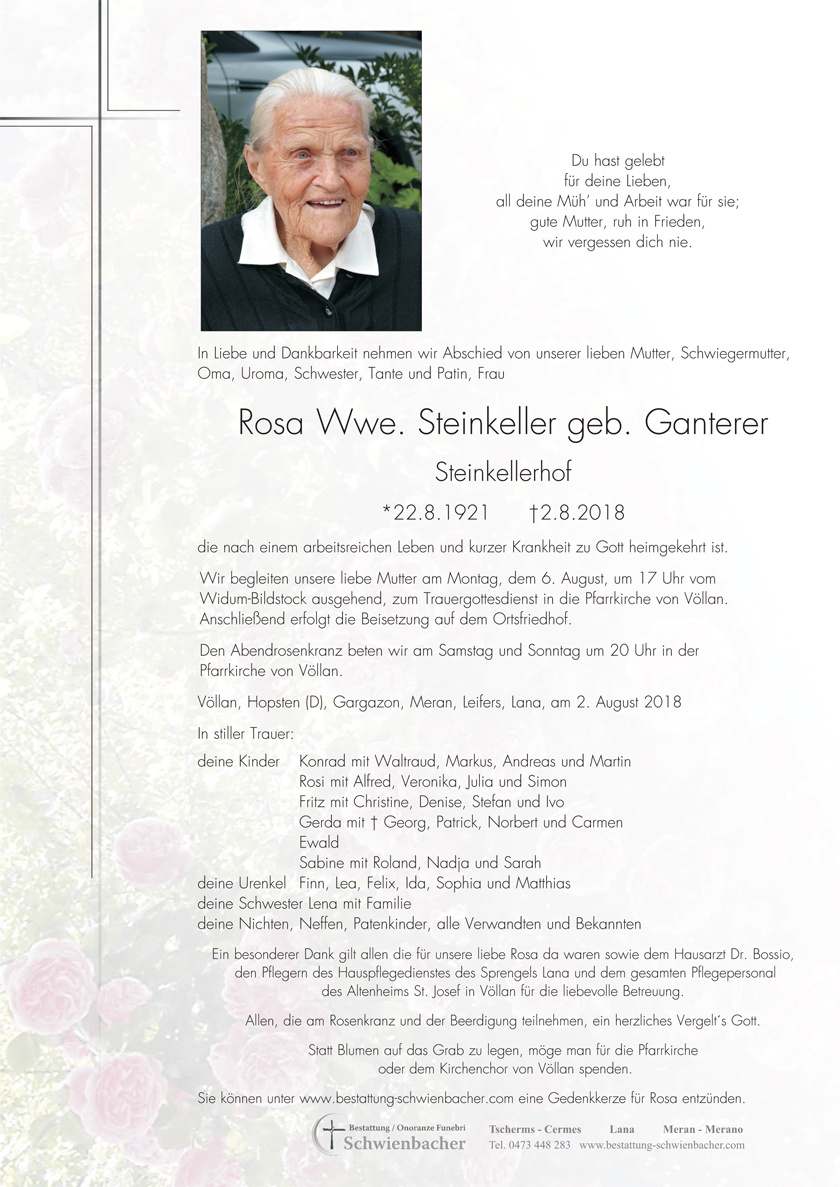 Parte: Rosa Wwe. Steinkeller geb. Ganterer 