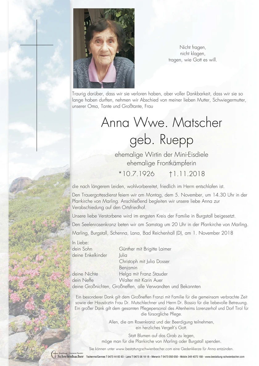 Parte: Anna Wwe. Matscher geb. Ruepp 