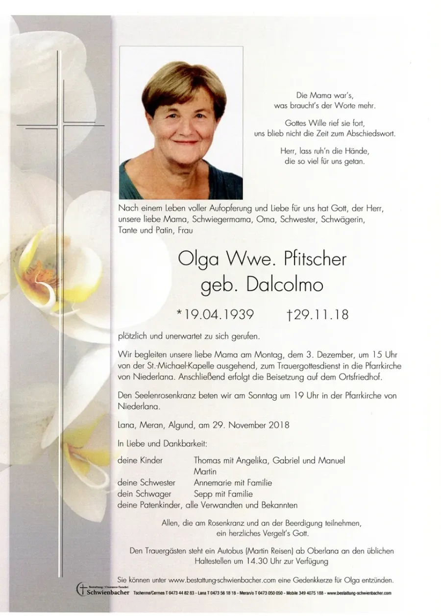 Parte: Olga Wwe. Pfitscher geb. Dalcolmo