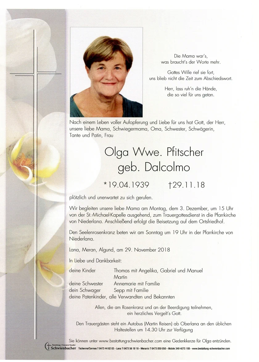 Parte: Olga Wwe. Pfitscher geb. Dalcolmo 