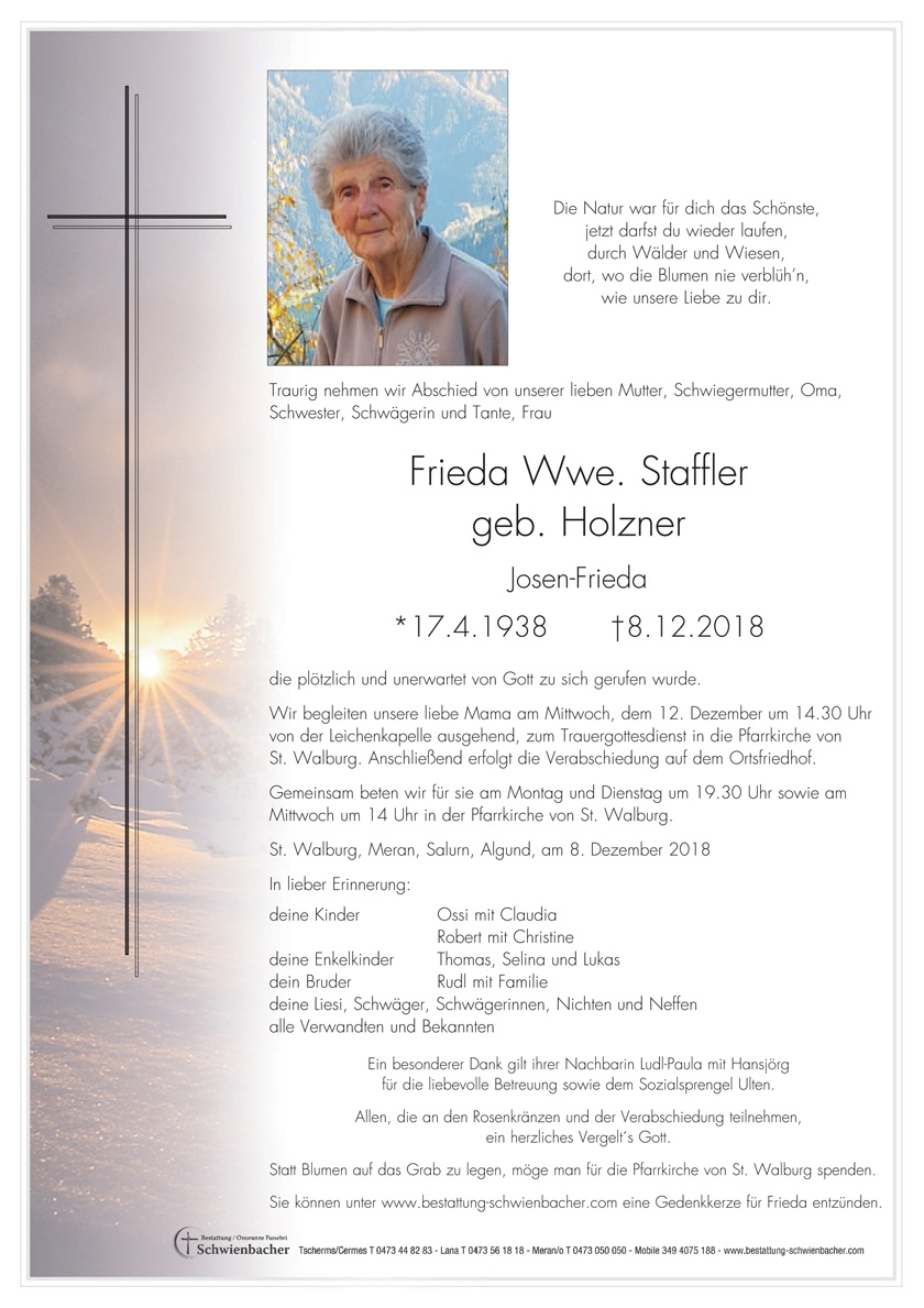 Parte: Frieda Wwe. Staffler geb. Holzner 