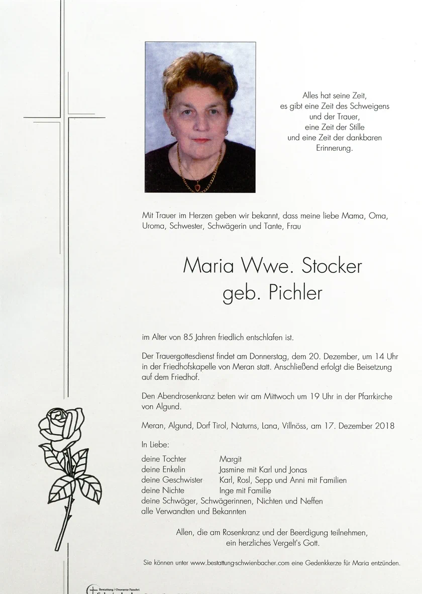 Parte: Maria Wwe. Stocker geb. Pichler 