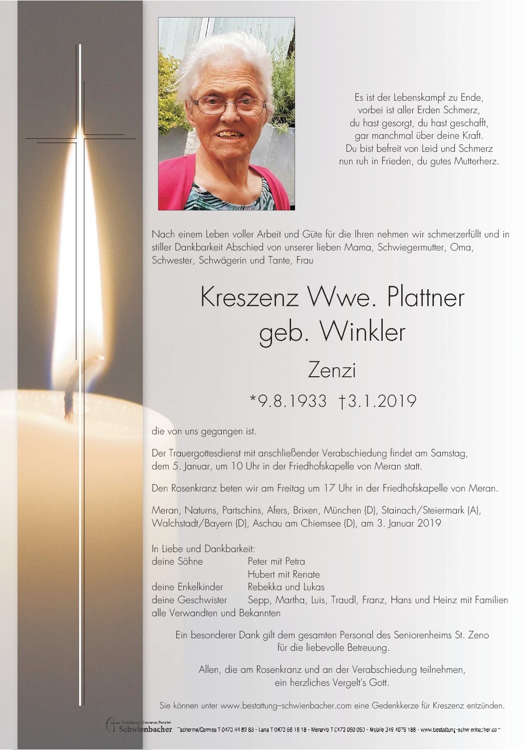 Parte: Kreszenz Wwe. Plattner geb. Winkler 