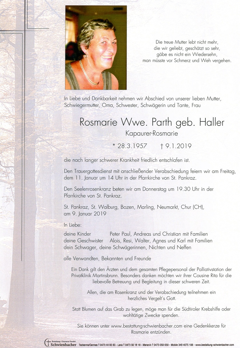 Parte: Rosmarie Wwe. Parth geb. Haller 