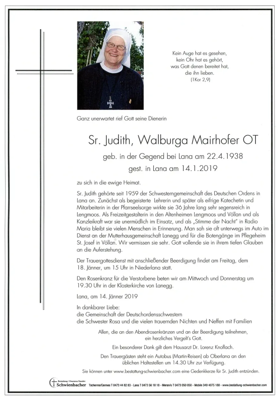 Parte: Sr. Judith, Walburga Mairhofer OT