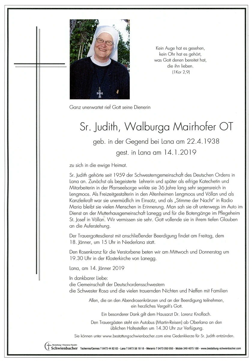 Parte: Sr. Judith, Walburga Mairhofer OT 