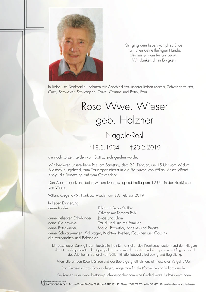 Parte: Rosa Wwe. Wieser geb. Holzner 
