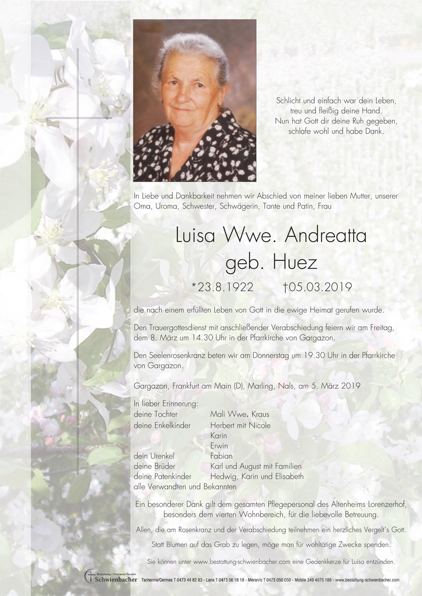 Parte: Luisa Wwe. Andreatta geb. Huez 