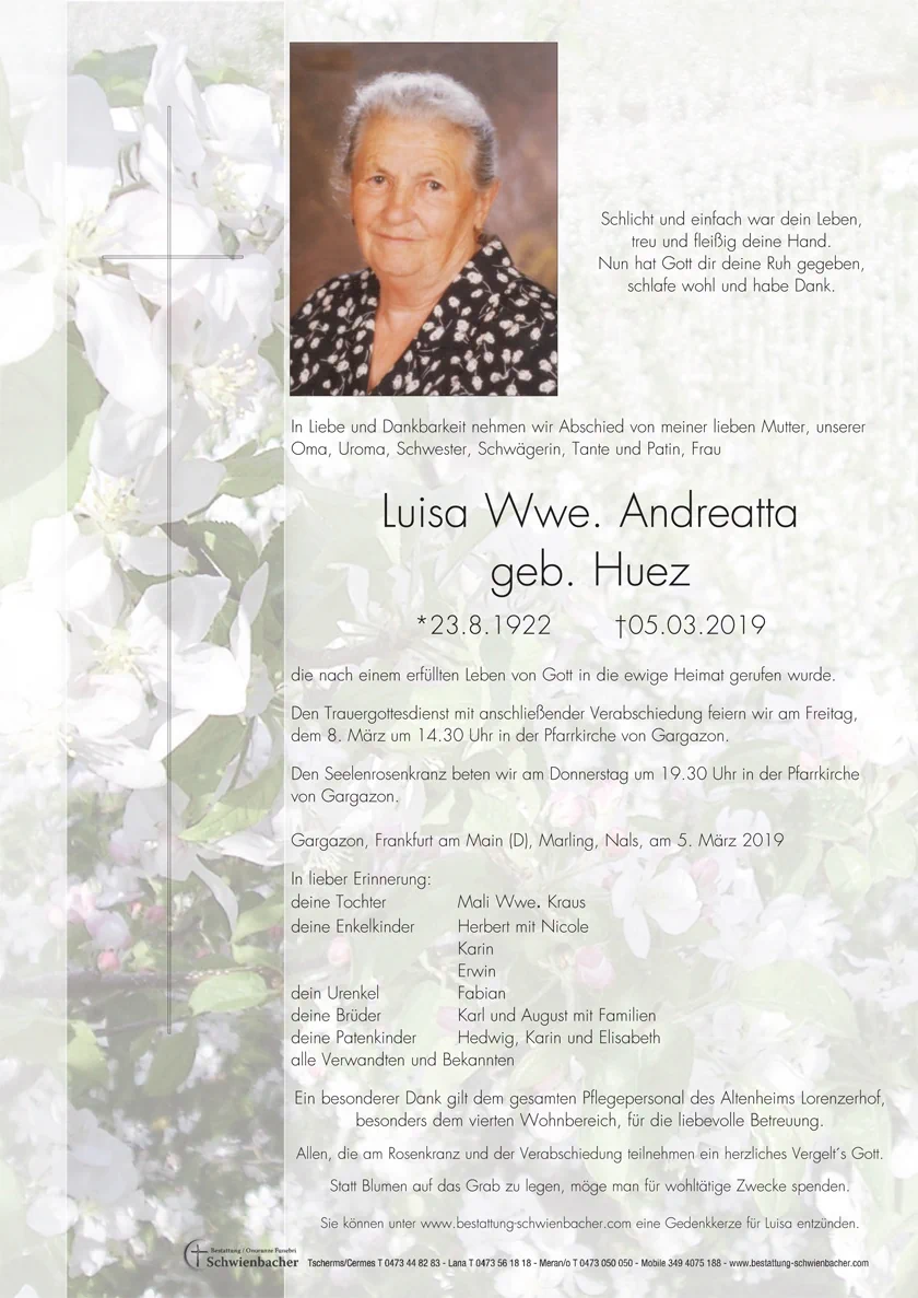 Parte: Luisa Wwe. Andreatta geb. Huez 