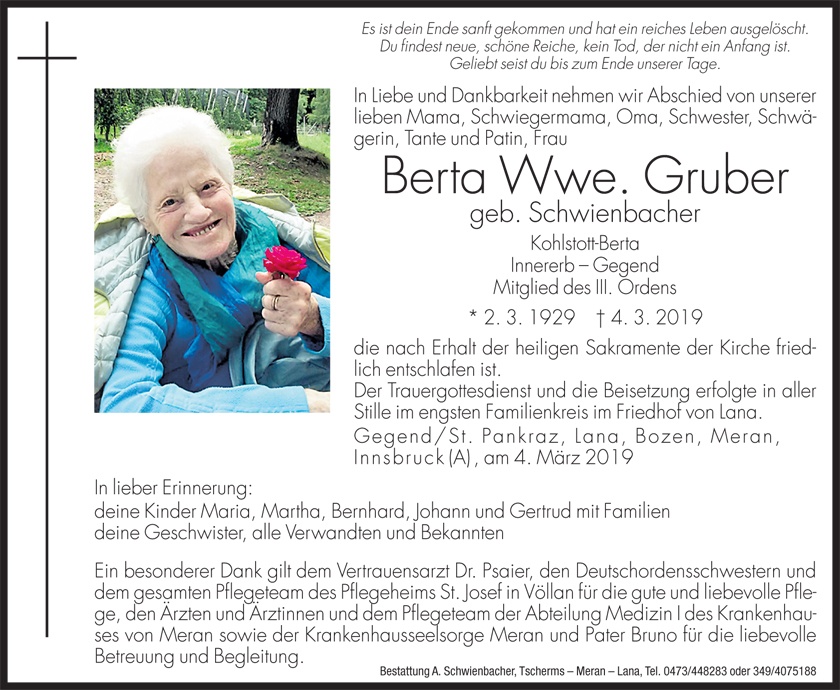 Medien: Berta Wwe. Gruber geb. Schwienbacher
