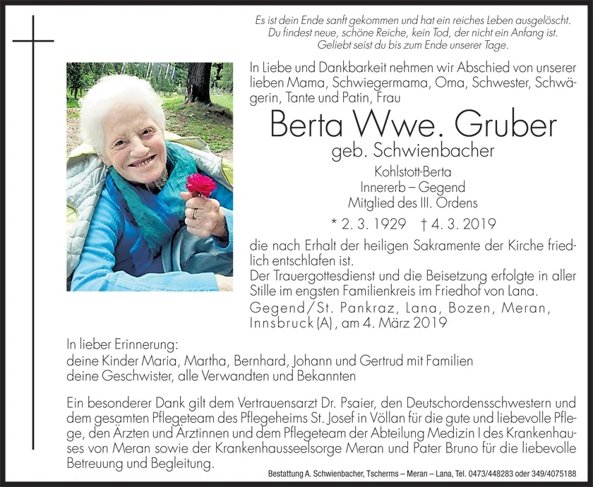 Medien: Berta Wwe. Gruber geb. Schwienbacher
