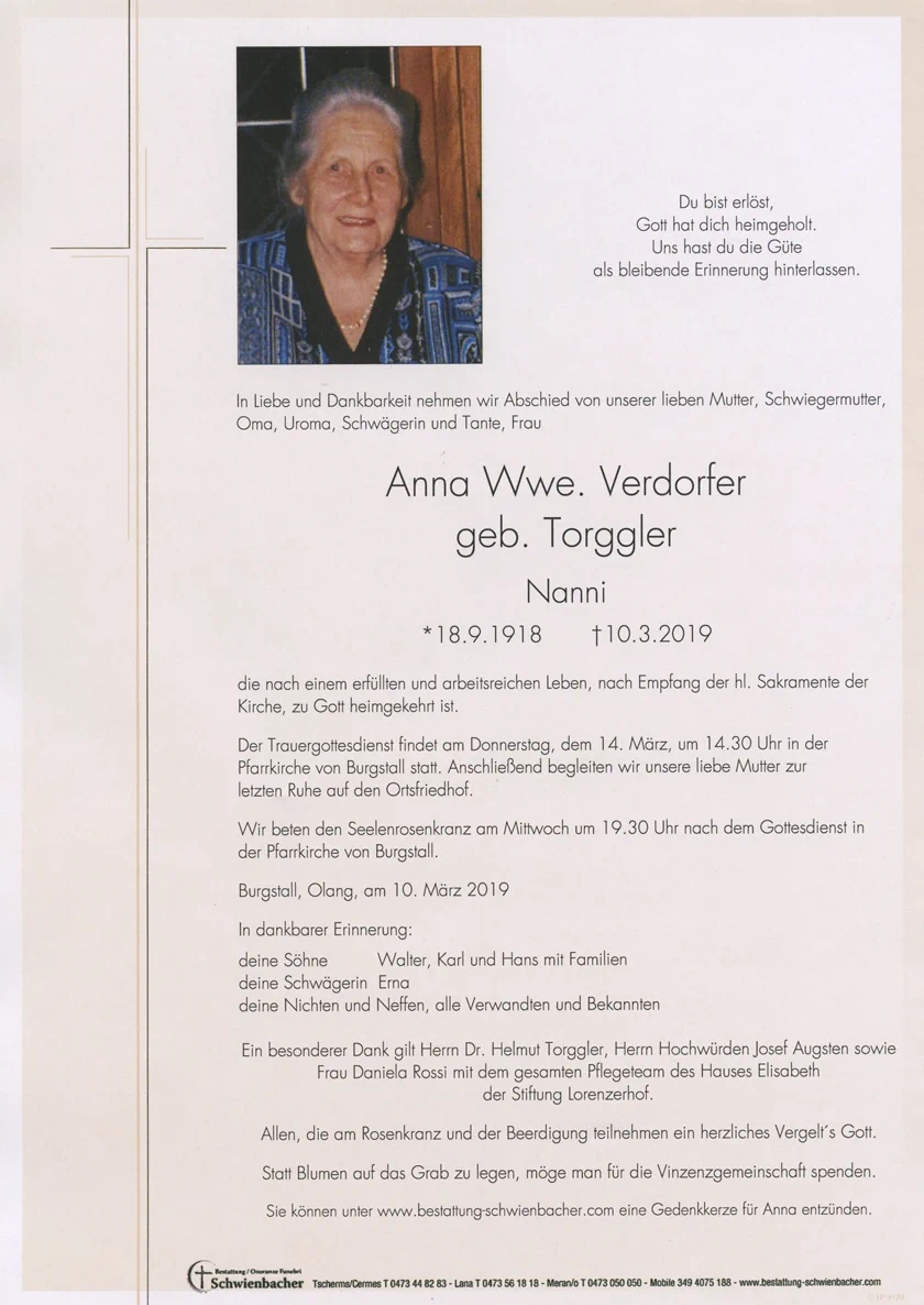 Parte: Anna Wwe. Verdorfer geb. Torggler 