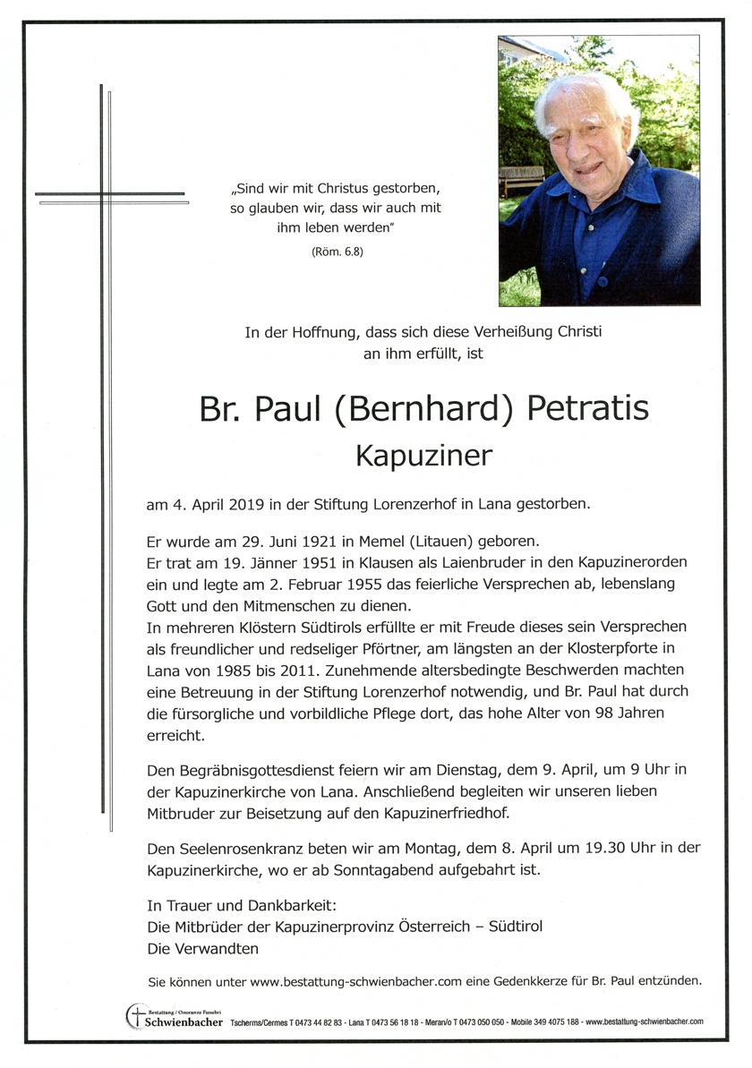 Parte: Br. Paul (Bernhard) Petratis Kapuziner 