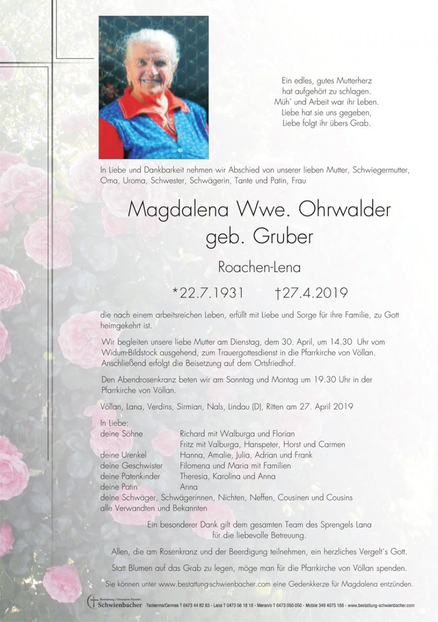 Parte: Magdalena Wwe. Ohrwalder geb. Gruber