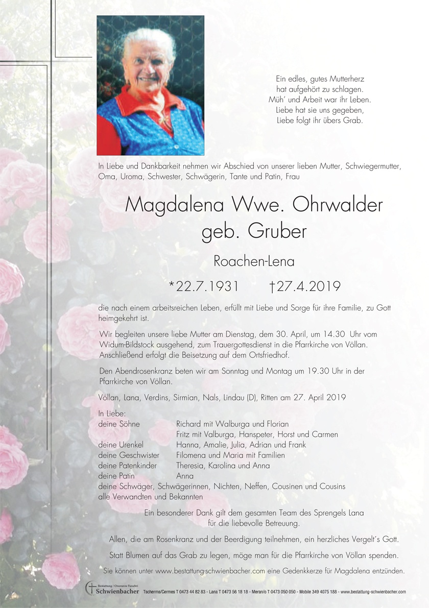 Parte: Magdalena Wwe. Ohrwalder geb. Gruber 