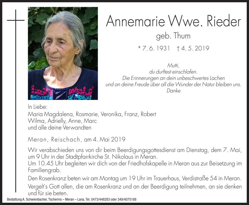 Medien: Annemarie Wwe. Rieder geb. Thum