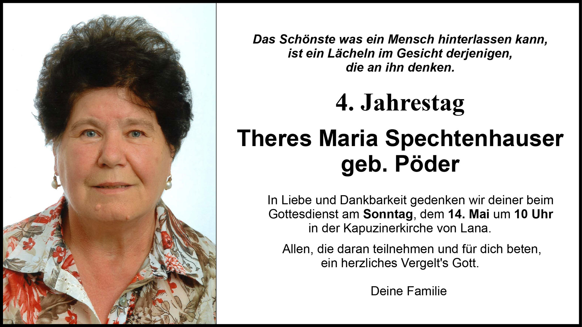 Jahrtag: Theres Maria Spechtenhauser geb. Pöder