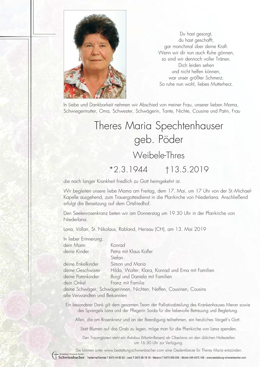 Parte: Theres Maria Spechtenhauser geb. Pöder 