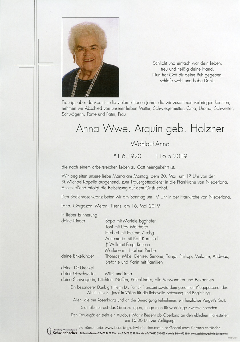 Parte: Anna Wwe. Arquin geb. Holzner 