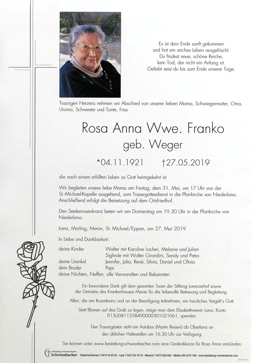Parte: Rosa Anna Wwe. Franko geb. Weger 