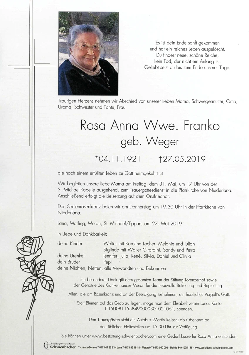 Parte: Rosa Anna Wwe. Franko geb. Weger 