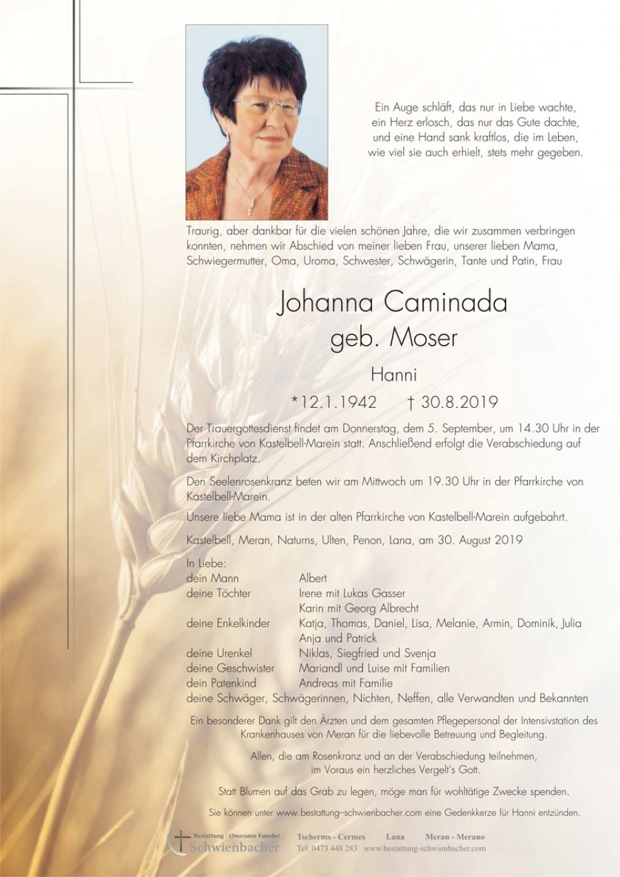 Parte: Johanna Caminada geb. Moser