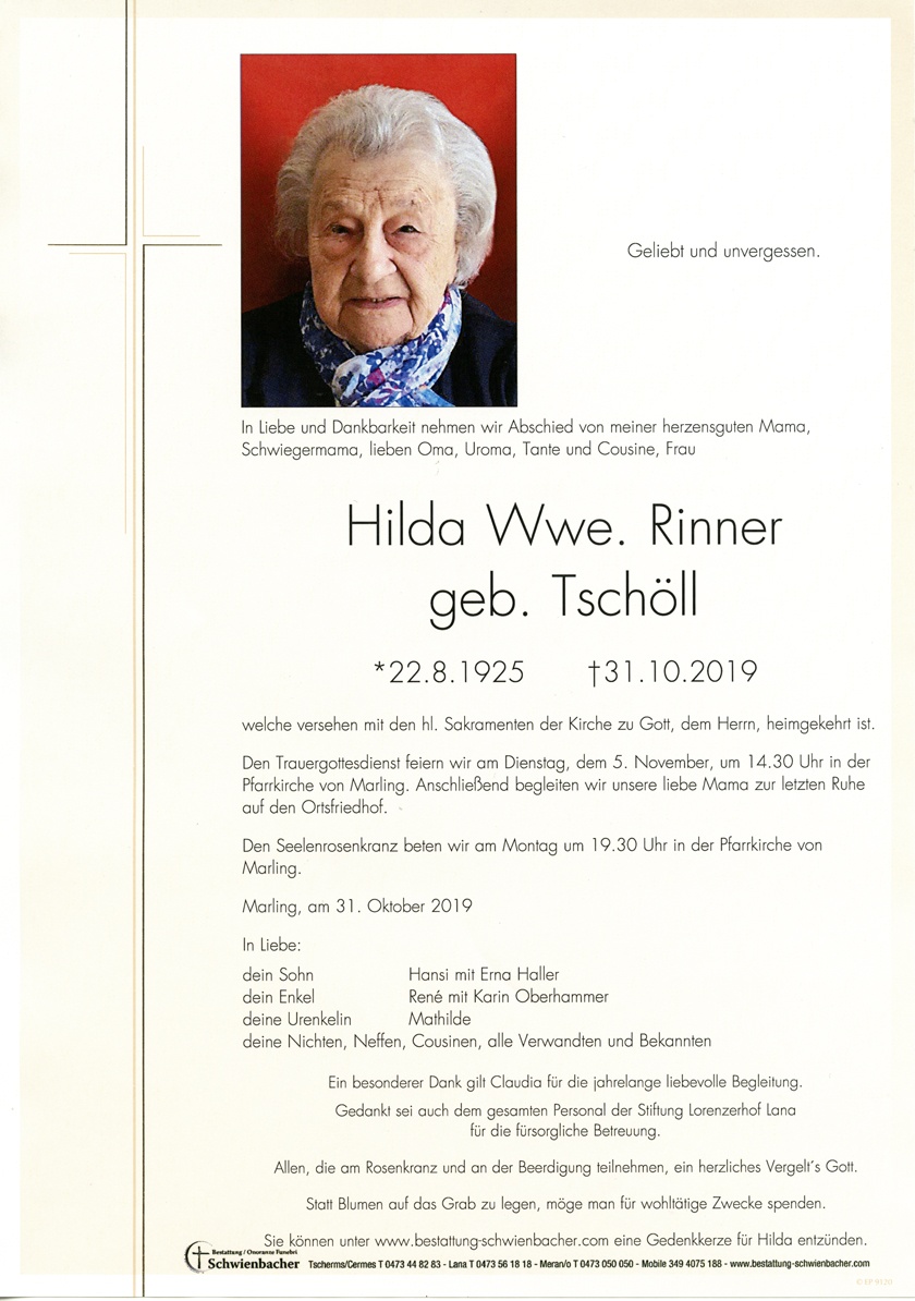 Parte: Hilda Wwe. Rinner geb. Tschöll 