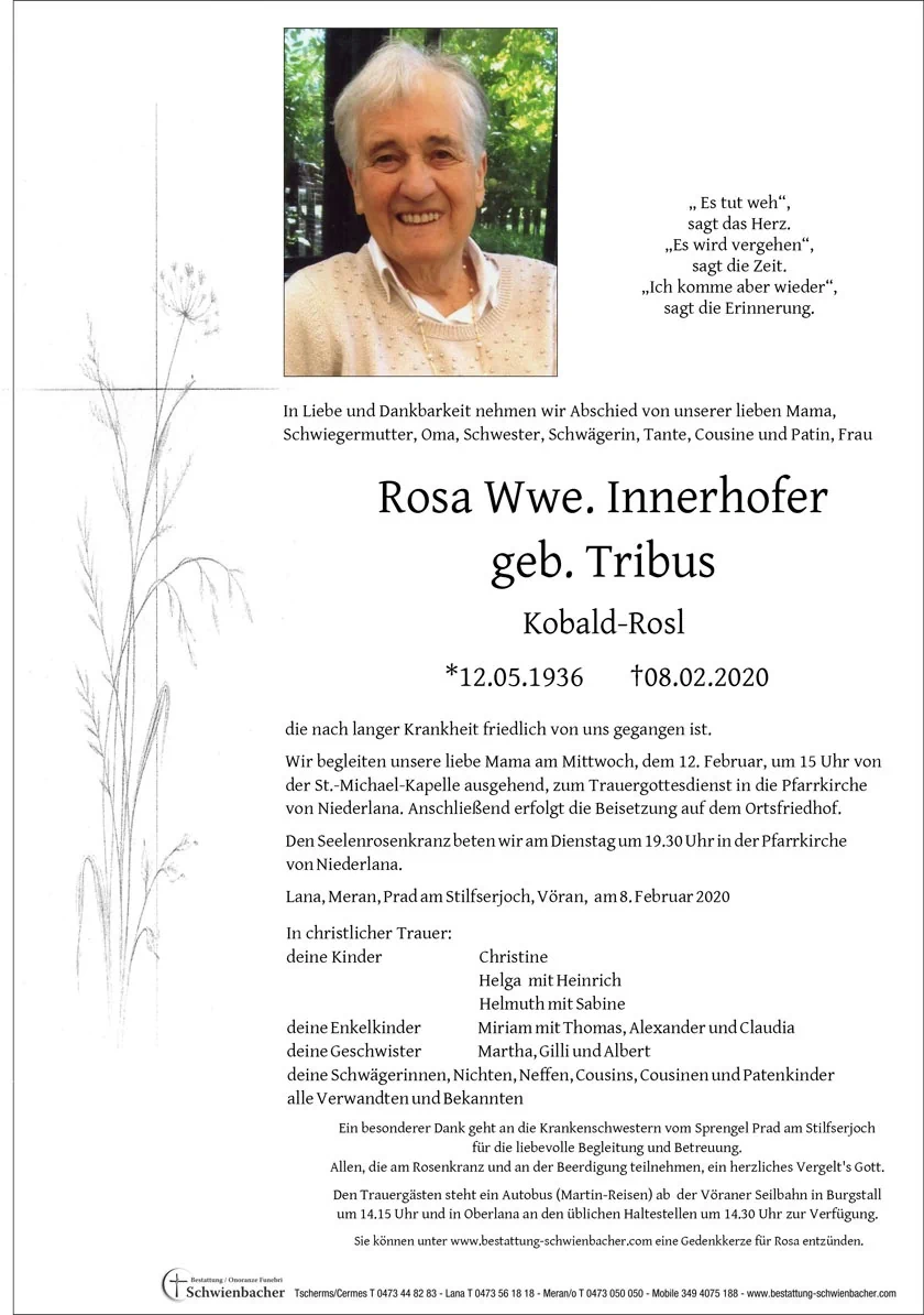 Parte: Rosa Wwe. Innerhofer geb. Tribus 