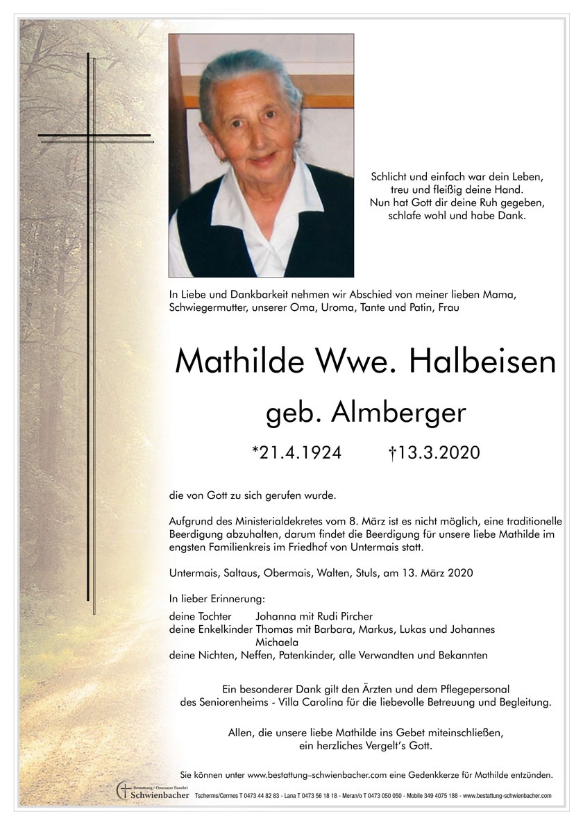 Parte: Mathilde Wwe. Halbeisen geb. Almberger 