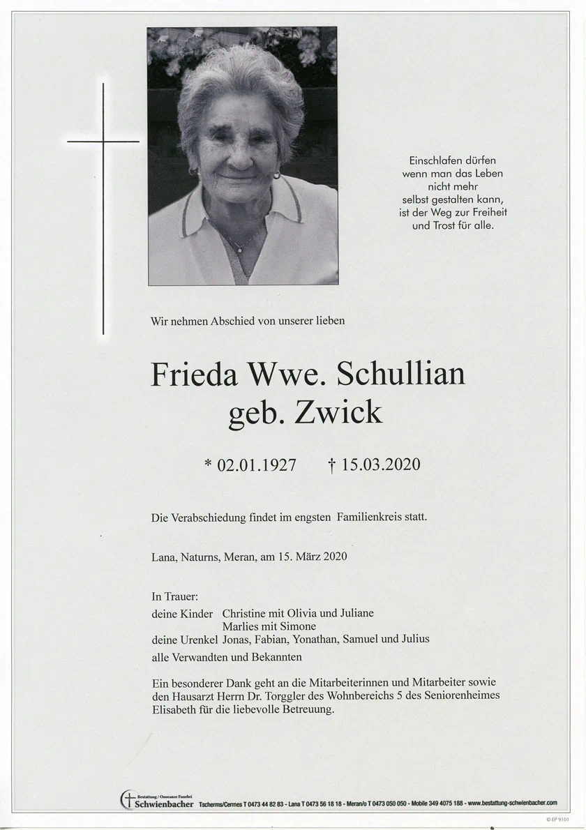 Parte: Frieda Wwe. Schullian geb. Zwick 