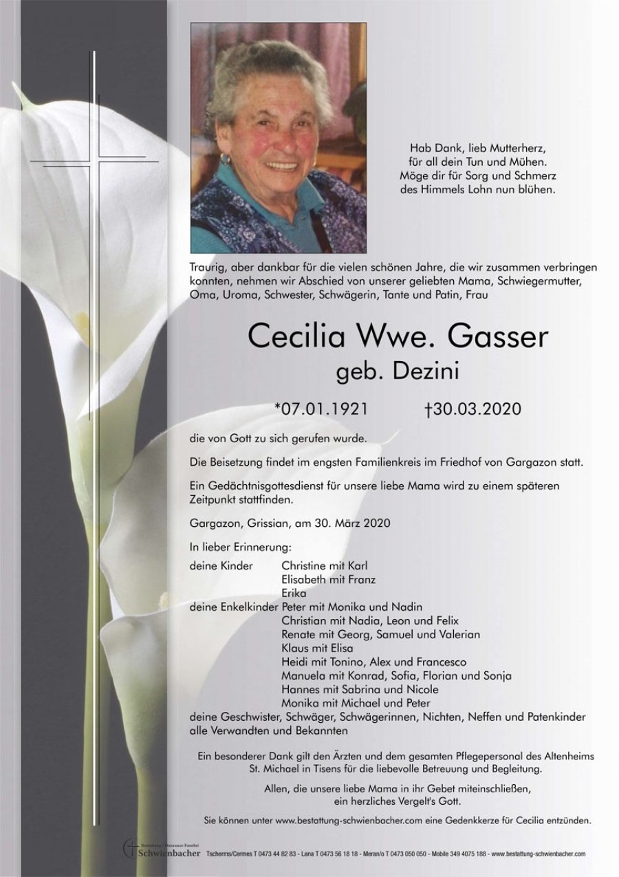 Parte: Cecilia Wwe. Gasser geb. Dezini