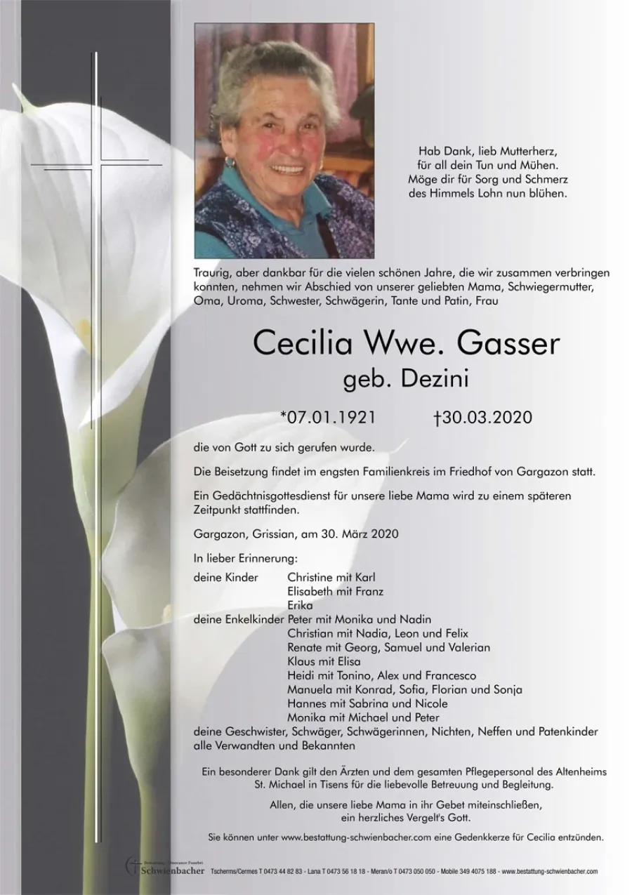 Parte: Cecilia Wwe. Gasser geb. Dezini