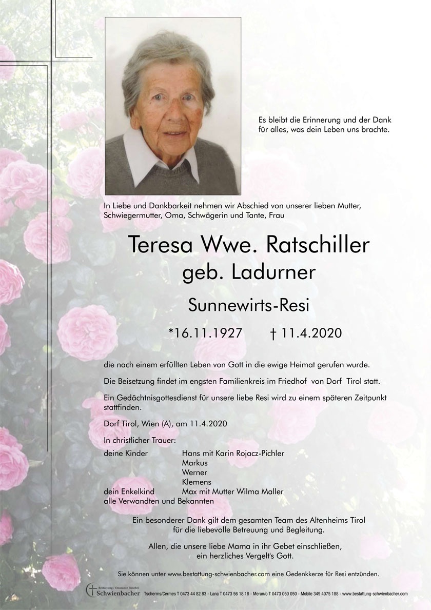 Parte: Teresa Wwe. Ratschiller geb. Ladurner 