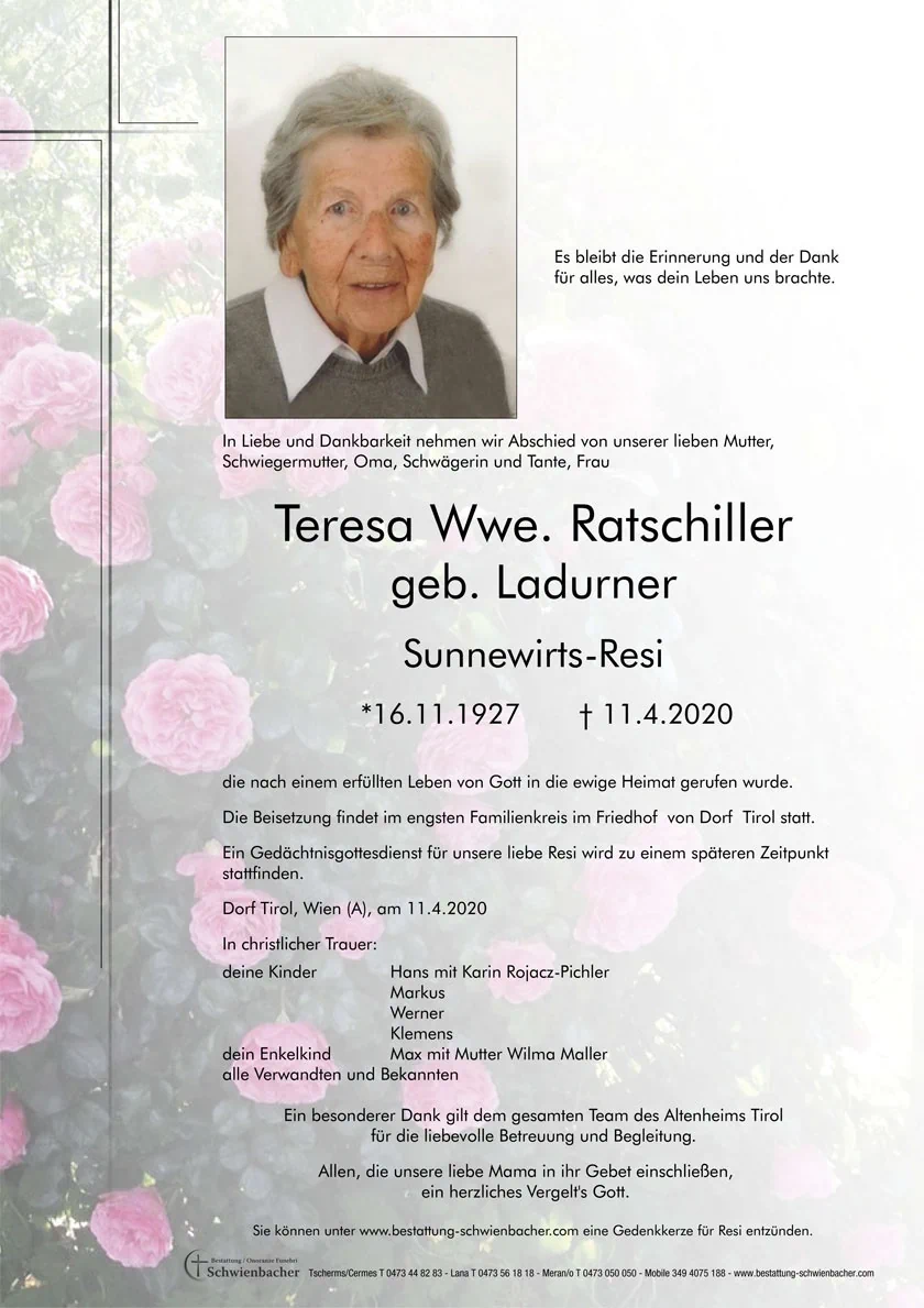 Parte: Teresa Wwe. Ratschiller geb. Ladurner 