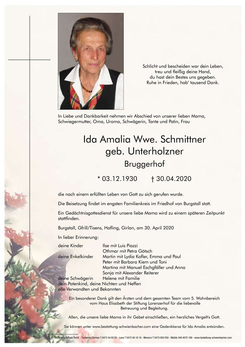 Parte: Ida Amalia Wwe. Schmittner geb. Unterholzner 