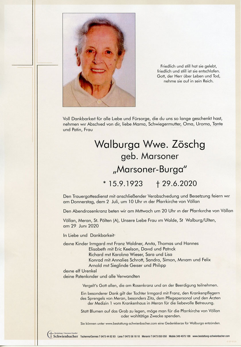 Parte: Walburga Wwe. Zöschg geb. Marsoner 