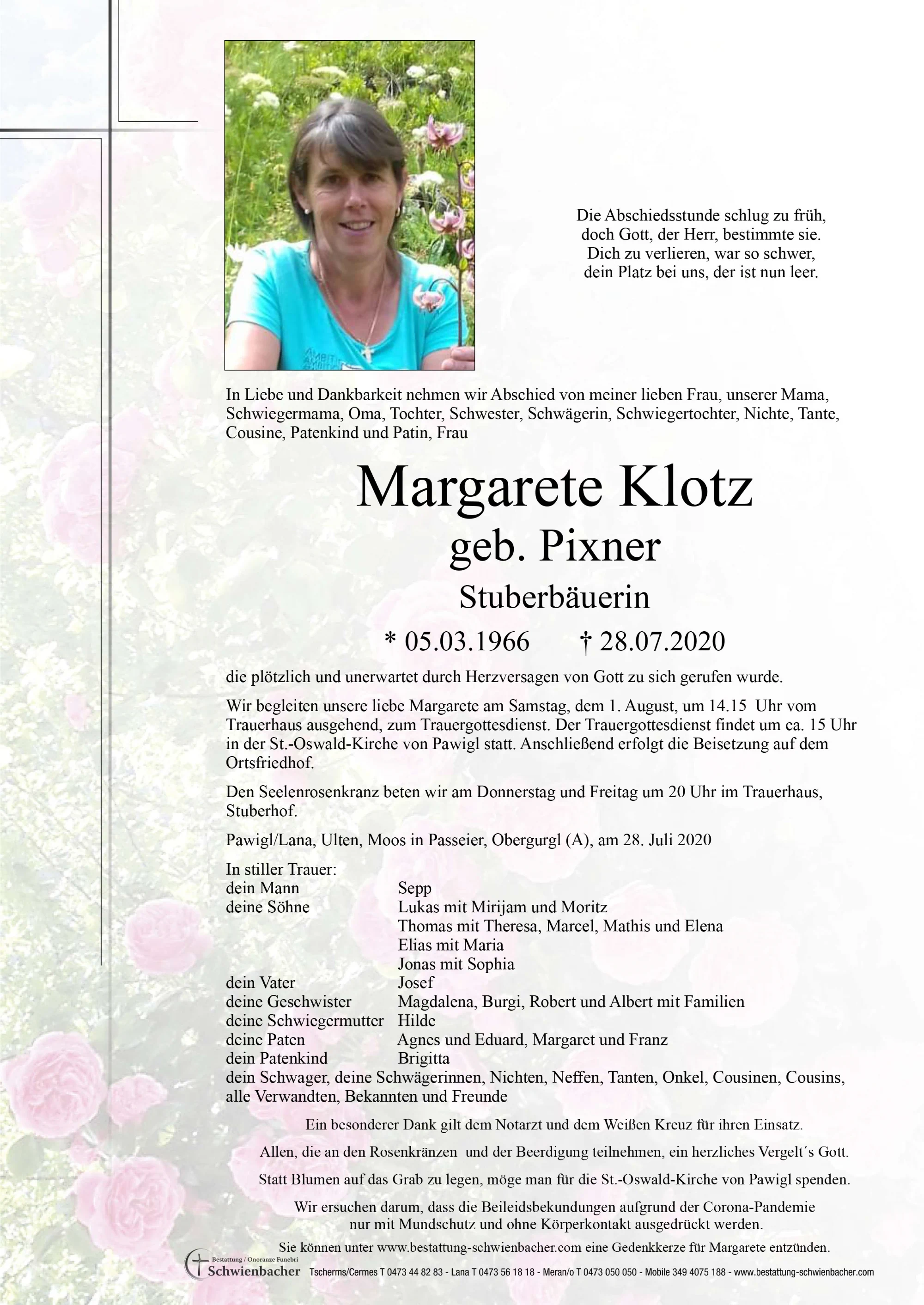Parte: Margarete Klotz geb. Pixner 
