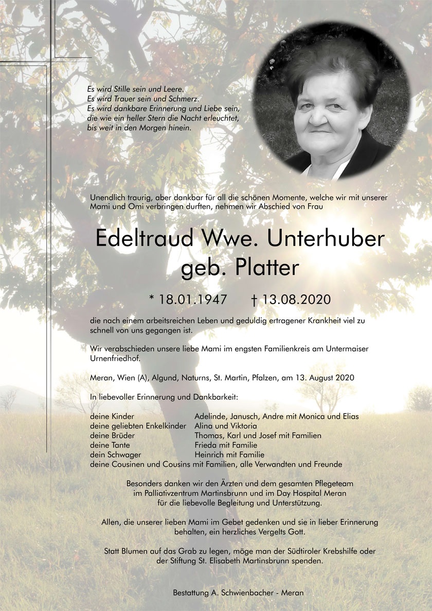 Parte: Edeltraud Wwe. Unterhuber geb. Platter 
