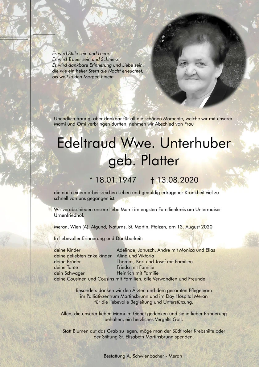 Parte: Edeltraud Wwe. Unterhuber geb. Platter 